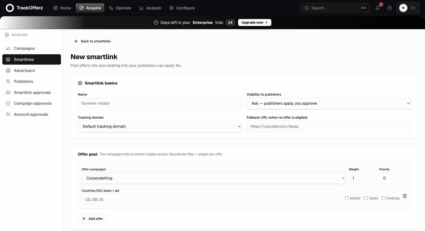 The new-smartlink builder showing the basics and offer pool sections